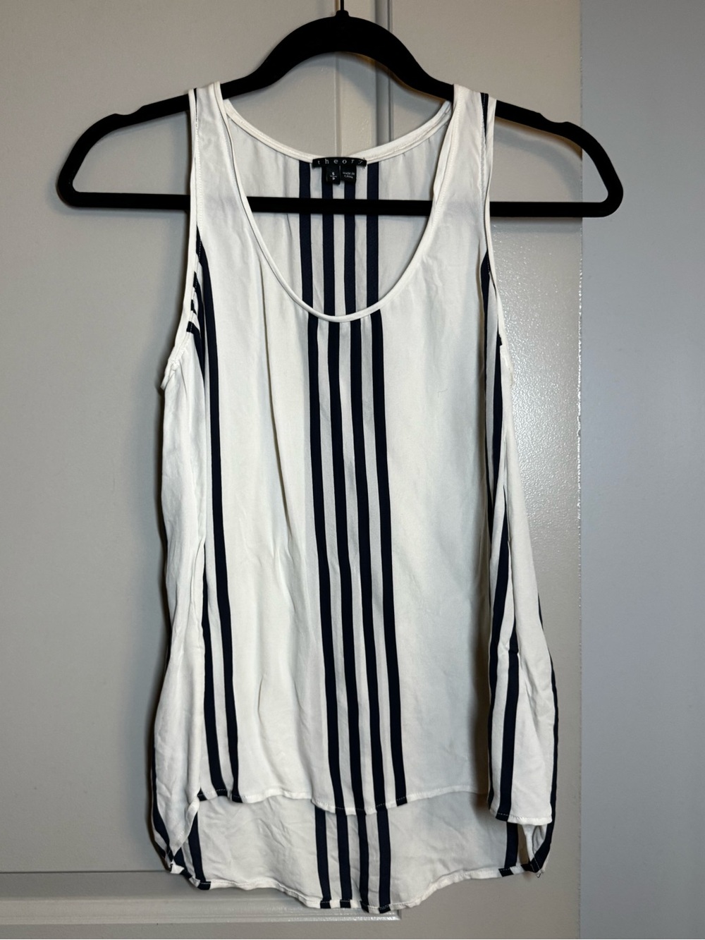 Theory Silk White Tank Top with Navy Vertical Stripes